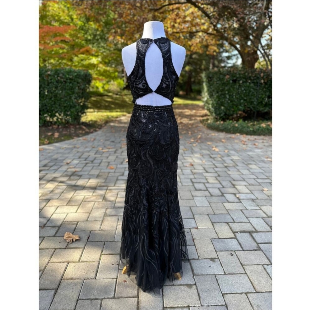 Madison James Black Backless Halter Gown